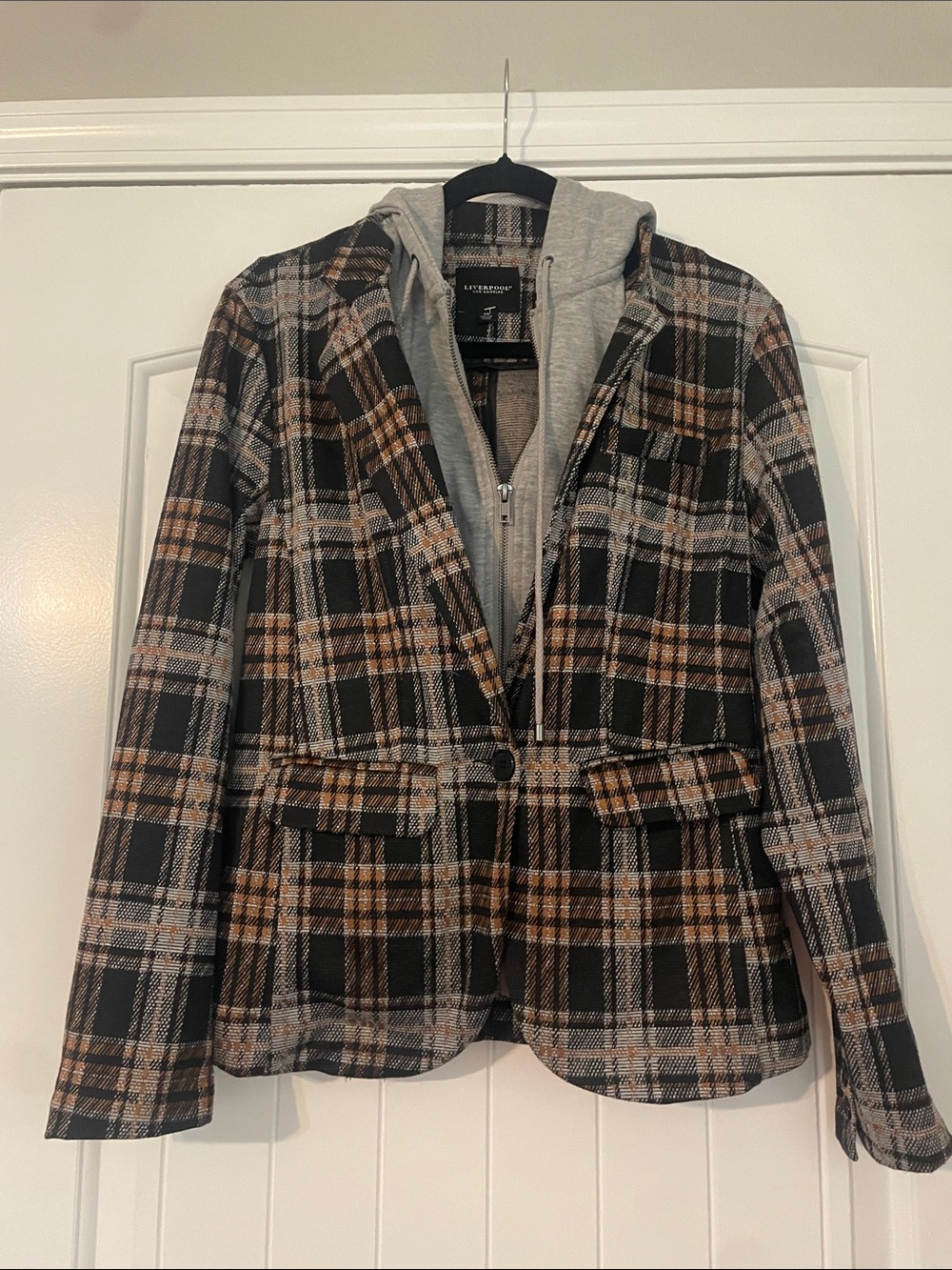 Plaid Blazer with Gray Hoodie Insert - Black & Brown